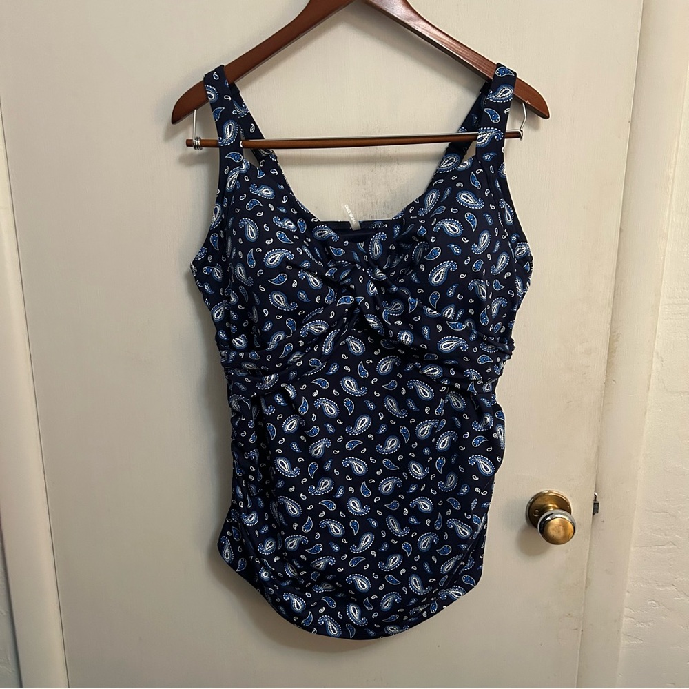 Lands End Tankini Top Swim Womens 18W Underwire Wrap V-Neck Paisley Ruched Sides